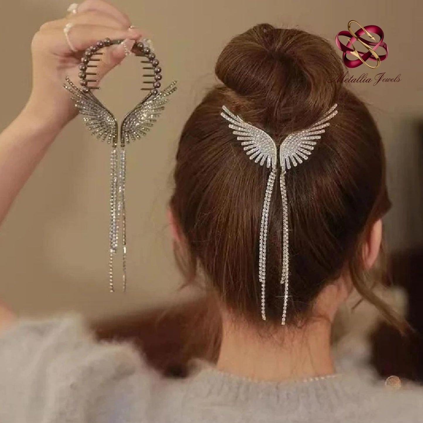 Black Angel Wings | Rhinestone Half moon hair clip π€