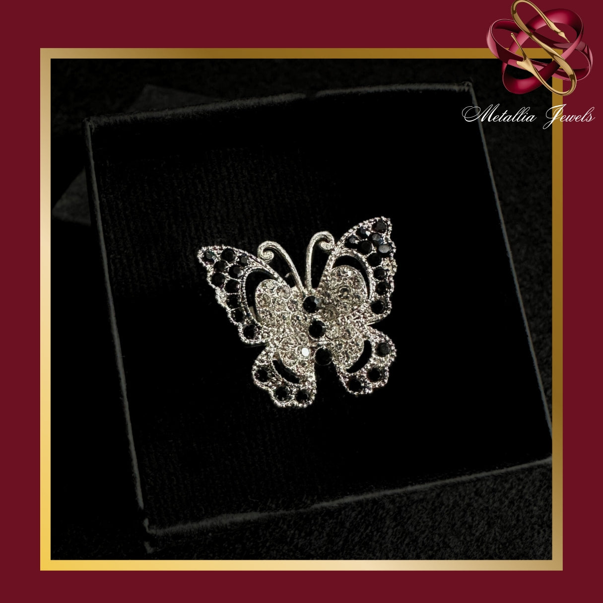 Silver Butterfly Ring With Black Stones