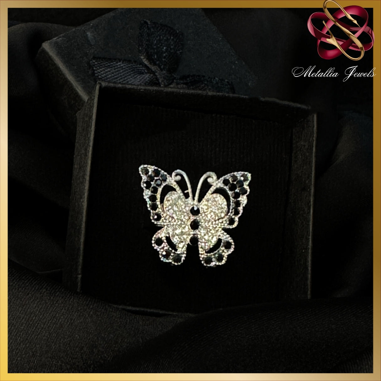 Silver Butterfly Ring With Black Stones